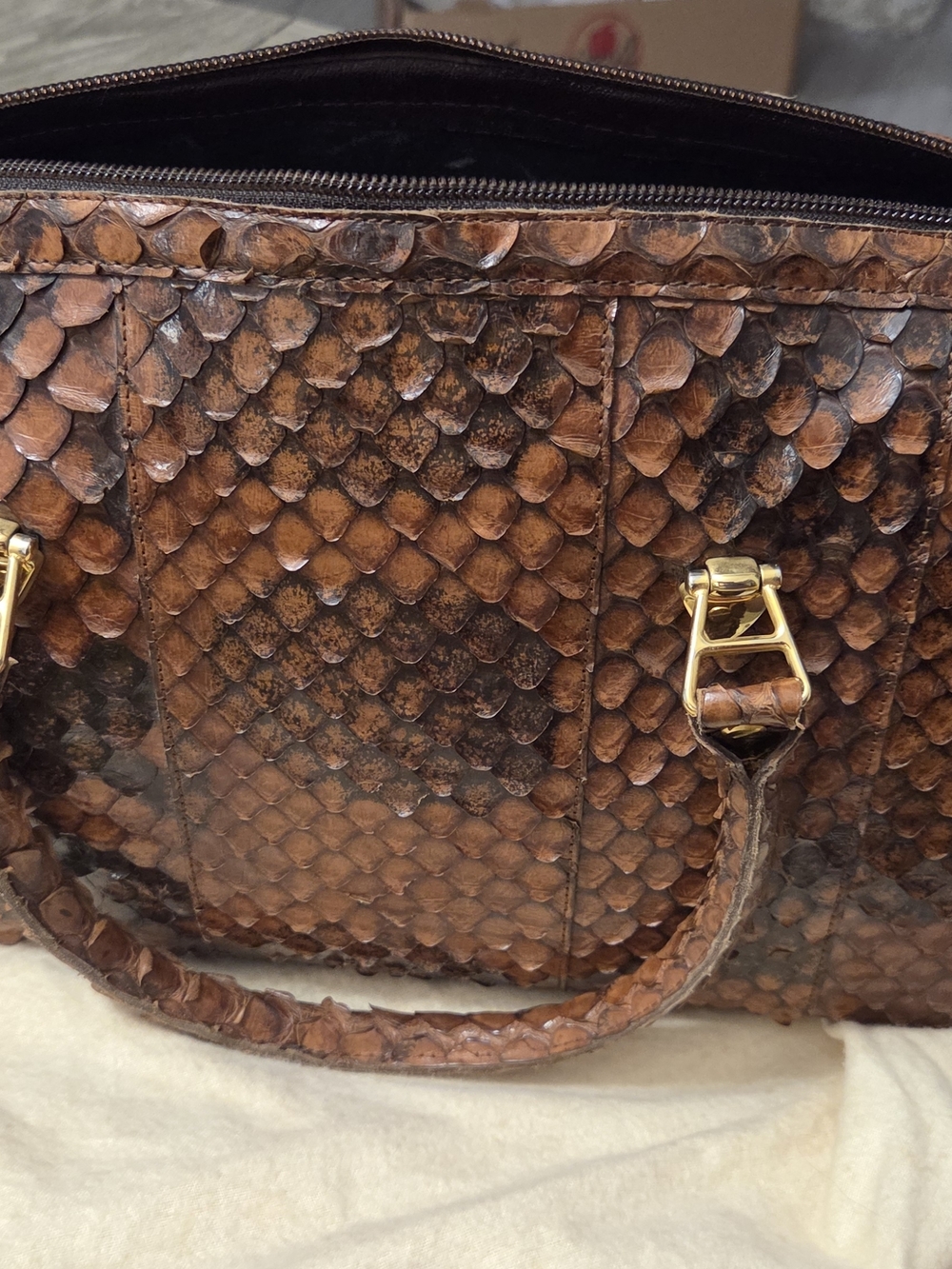 Brown Python-Texture Leather Tote Bag - Picture 7 of 7